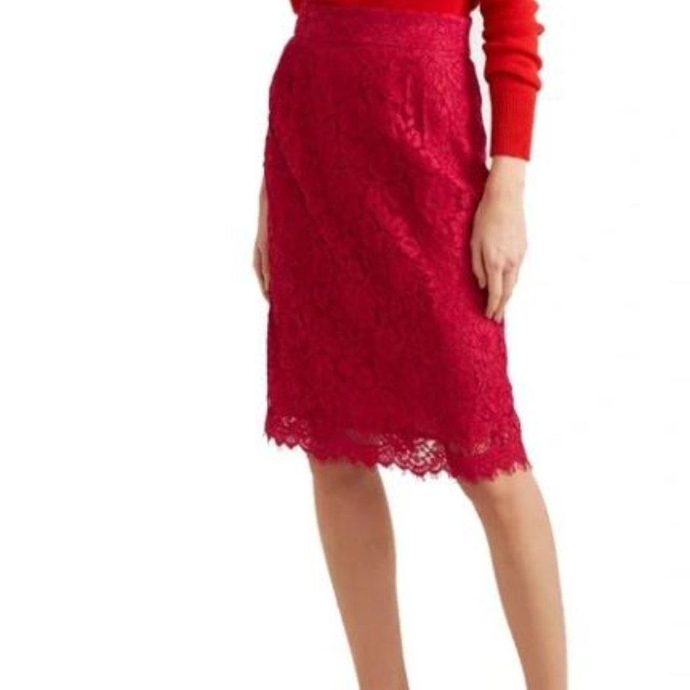 J. Crew True Red Lace Pencil Skirt
